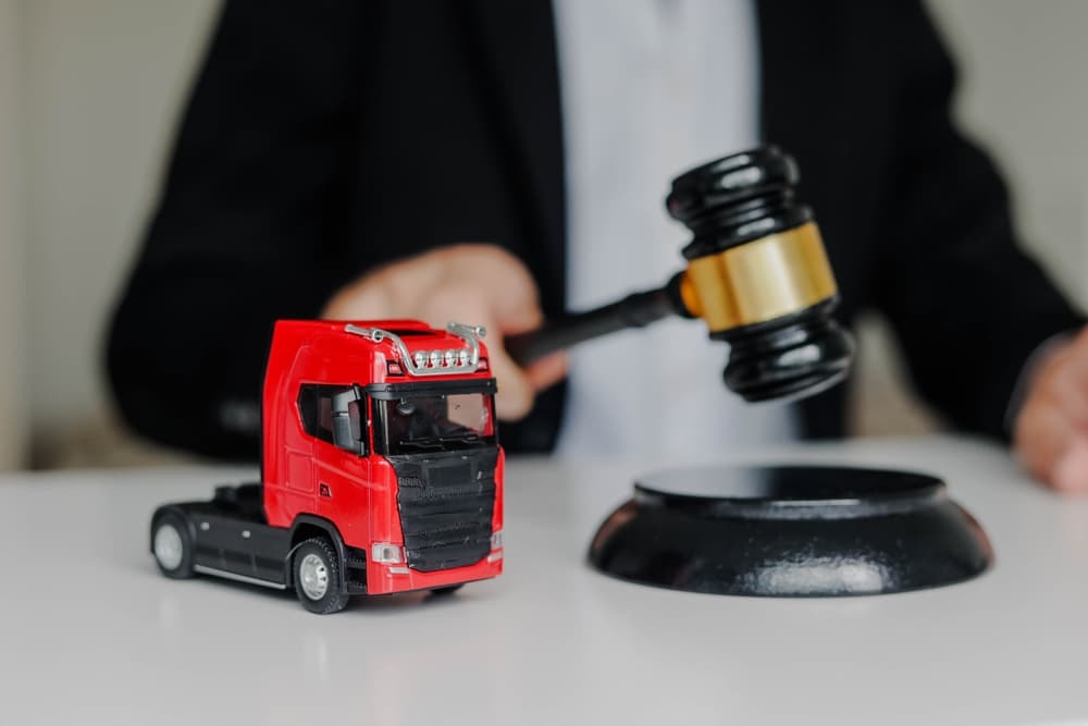 Truck Accident Lawyer judge's gavel in hand and model of a truck